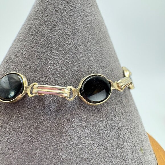 Silver Tone Black Onyx Bezel Set Station Bracelet Size 7.5" Length - Picture 5 of 10